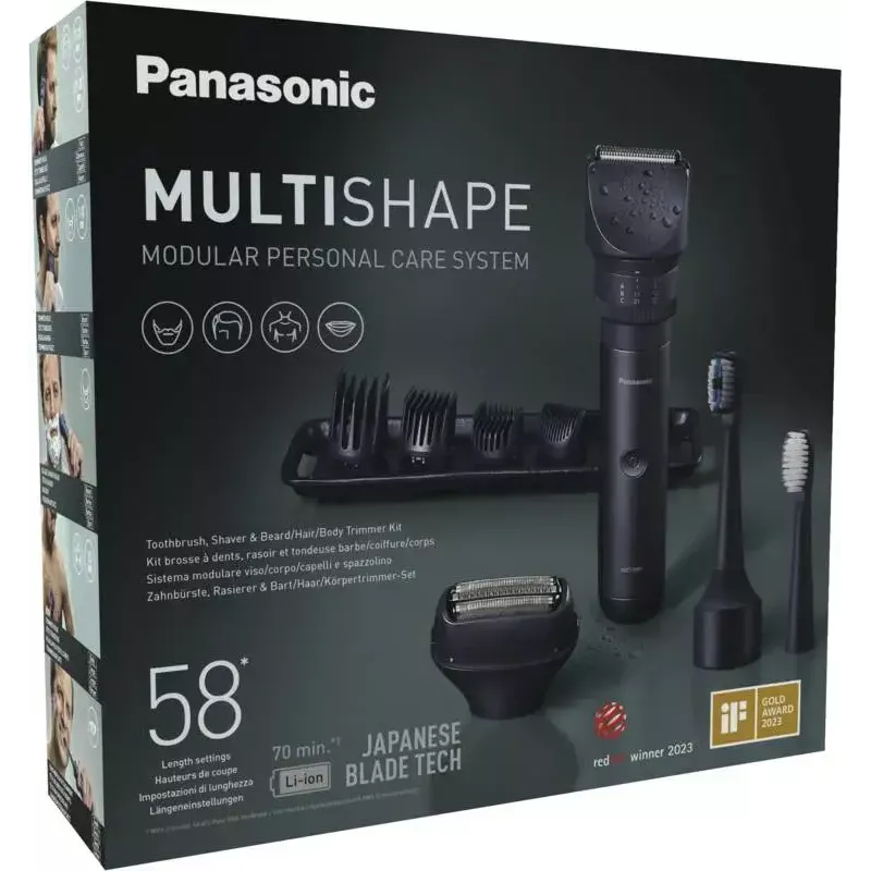 Trymer podróżny Panasonic X-Shape Travel — niebieski, bateria litowo-jonowa, wbudowana, wielofunkcyjne nasadki (broda, ciało, włosy, golarka foliowa, szczoteczka do zębów), 1–30 mm, 196×49×43 mm