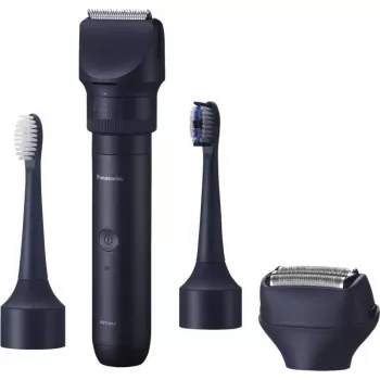 Trymer podróżny Panasonic X-Shape Travel — niebieski, bateria litowo-jonowa, wbudowana, wielofunkcyjne nasadki (broda, ciało, włosy, golarka foliowa, szczoteczka do zębów), 1–30 mm, 196×49×43 mm
