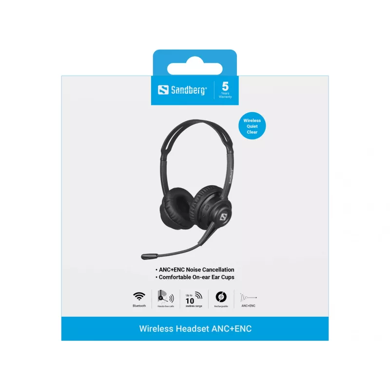 Sandberg bezprzewodowego zestawu słuchawkowego ANC+ENC, Wireless, Music/Everyday, 20 - 20000 Hz, 230 g, Zestaw słuchawkowy, Czarny