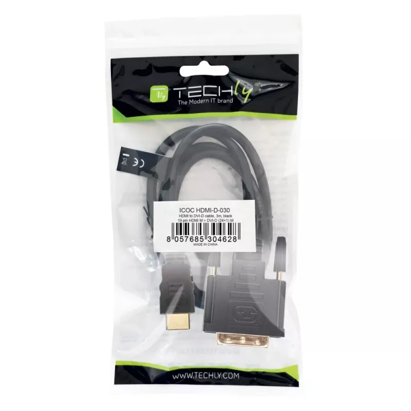 Techly Kabel wideo HDMI do DVI-D M/M 3m ICOC HDMI-D-030, 3 m, HDMI, DVI-D, Męski, Męski, Złote