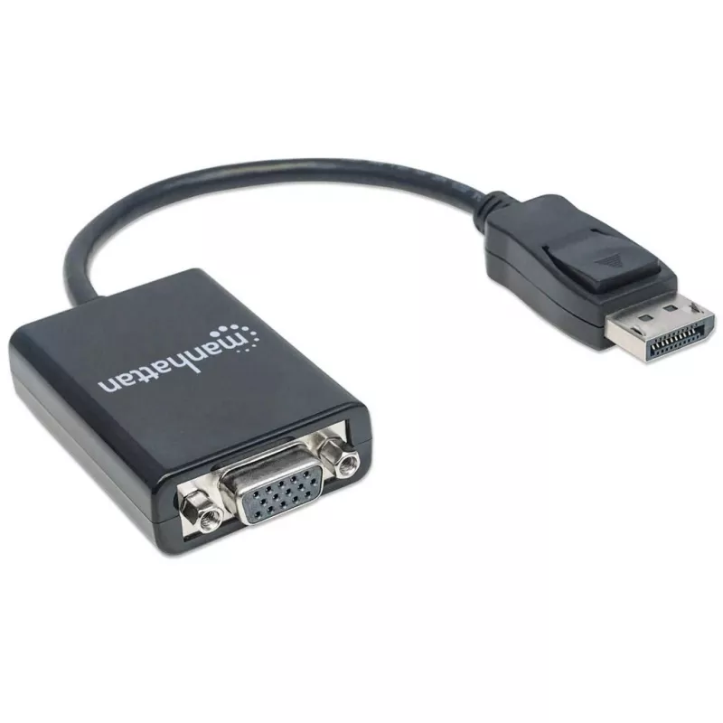 Manhattan DisplayPort do VGA HD15 kabel konwertera, 15cm, wtyk do gniazda, aktywny, DP z zatrzaskiem, czarny, dożywotnia gwarancja, odpowiednik DP2VGA2.