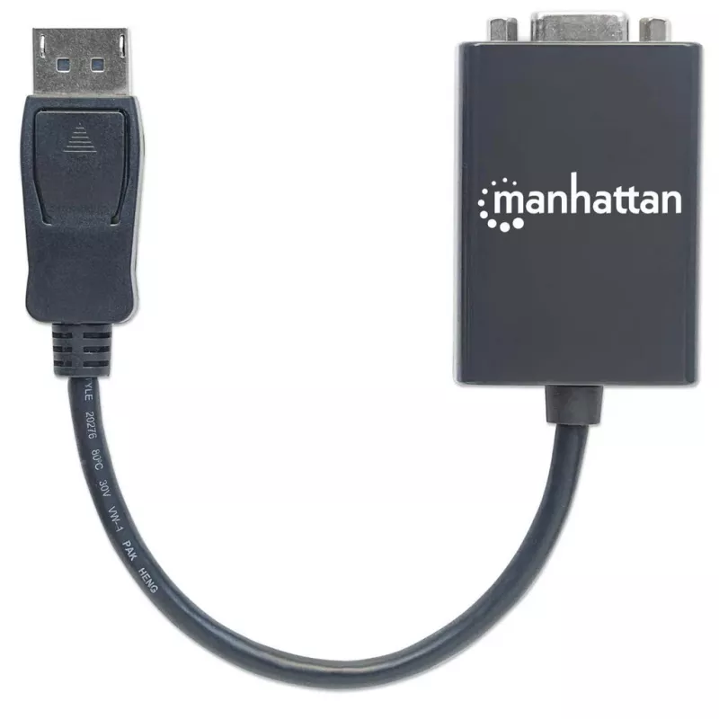 Manhattan DisplayPort do VGA HD15 kabel konwertera, 15cm, wtyk do gniazda, aktywny, DP z zatrzaskiem, czarny, dożywotnia gwarancja, odpowiednik DP2VGA2.