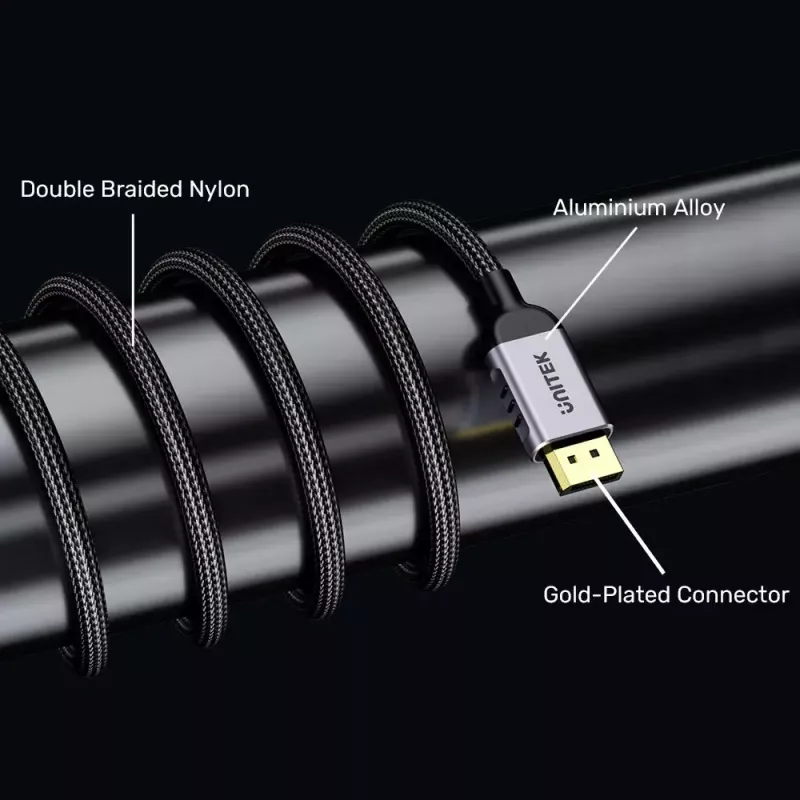 Kabel DisplayPort Unitek C1626GY01-3M 3 m, DisplayPort 2.1 męsko-męski, 80 Gbit/s, HDR, HDCP 2.2, pozłacane styki
