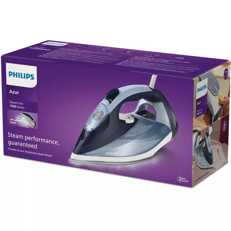 Żelazko parowe Philips DST7020/20 — 2800 W, stopa SteamGlide Plus, ciągła para 50 g/min, uderzenie pary 250 g/min, zbiornik 0,3 l, niebieski