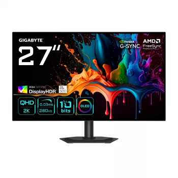 GIGABYTE MO27Q28G 27-calowy monitor gamingowy OLED QHD - 2560 x 1440, 280 Hz, 0,03 ms, 335 cd/m², Display HDR True Black 500, HDMI 2.1, DisplayPort 1.4