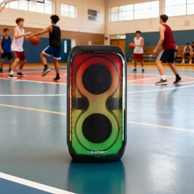 System głośnikowy BLAUPUNKT PB60X — 120W RMS, Bluetooth A2DP, FM, wyświetlacz LED, bateria 7000mAh, 18h, AUX, pilot, 568×322×321 mm
