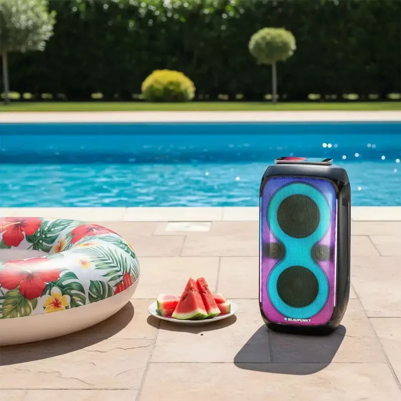 System głośnikowy BLAUPUNKT PB60X — 120W RMS, Bluetooth A2DP, FM, wyświetlacz LED, bateria 7000mAh, 18h, AUX, pilot, 568×322×321 mm