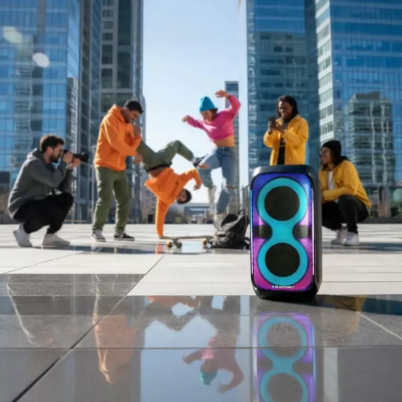 System głośnikowy BLAUPUNKT PB60X — 120W RMS, Bluetooth A2DP, FM, wyświetlacz LED, bateria 7000mAh, 18h, AUX, pilot, 568×322×321 mm