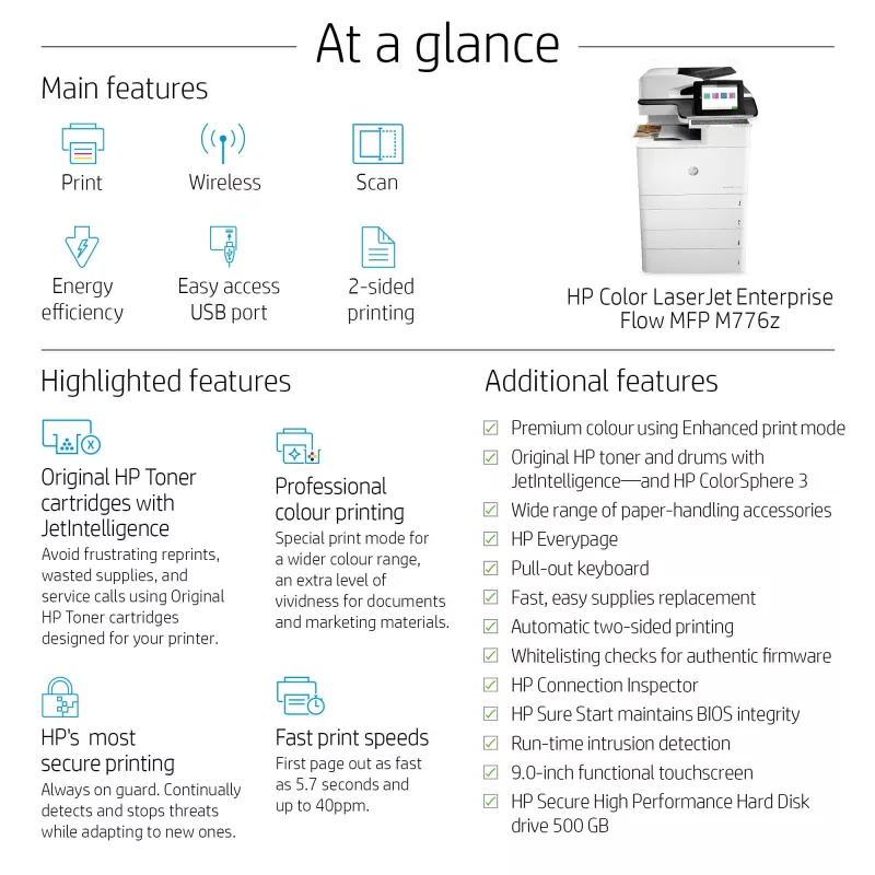 Urządzenie wielofunkcyjne HP Color LaserJet Enterprise Flow MFP M776z, kolorowy druk laserowy