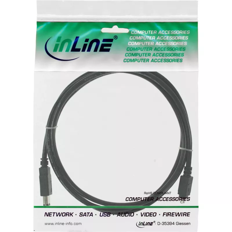 Kabel InLine FireWire 400 1394 6 na 4 piny męskie 1,8 m, Czarny, 1,8 m, 6-pin, 4-Pin, Męski/Męski, 175 mm