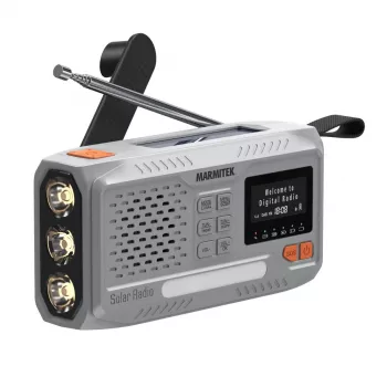Przenośne radio dynamo Marmitek RESQ 100 — DAB/DAB+/FM, 3 W, LCD, USB‑C, gniazdo 3,5 mm, jasnoszary