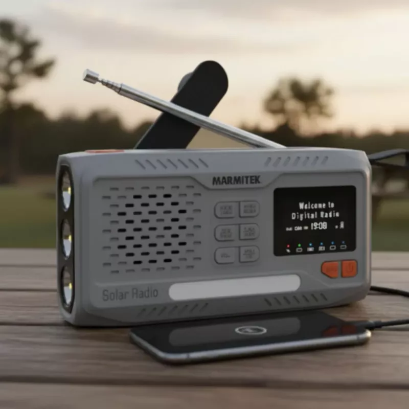 Przenośne radio dynamo Marmitek RESQ 100 — DAB/DAB+/FM, 3 W, LCD, USB‑C, gniazdo 3,5 mm, jasnoszary