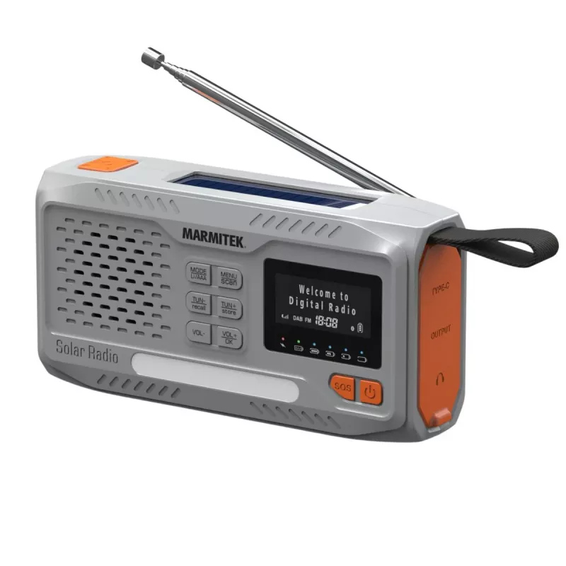 Przenośne radio dynamo Marmitek RESQ 100 — DAB/DAB+/FM, 3 W, LCD, USB‑C, gniazdo 3,5 mm, jasnoszary