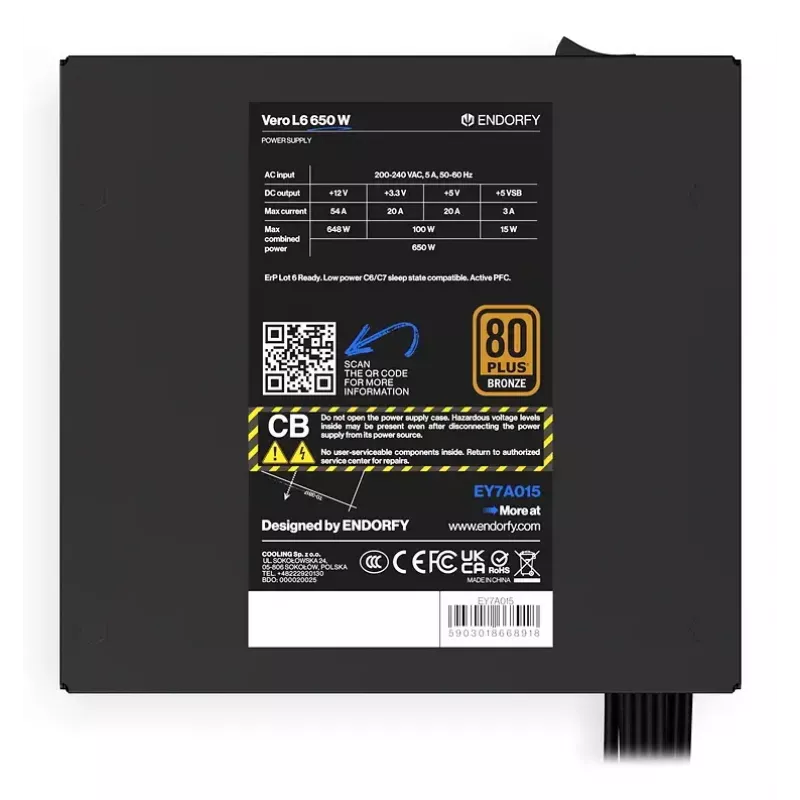 Zasilacz ENDORFY Vero L6 650 W ATX 24-pin, 80 PLUS Bronze, wentylator 120 mm, czarny