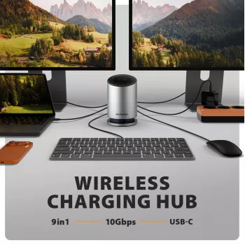 AXAGON HMC-WL9 USB-C 9‑w‑1 stacja dokująca z 10 Gb/s, 100 W PD, 8K HDMI, Ethernet, ładowaniem bezprzewodowym