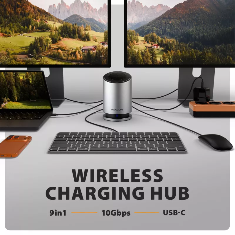 AXAGON HMC-WL9 USB-C 9‑w‑1 stacja dokująca z 10 Gb/s, 100 W PD, 8K HDMI, Ethernet, ładowaniem bezprzewodowym