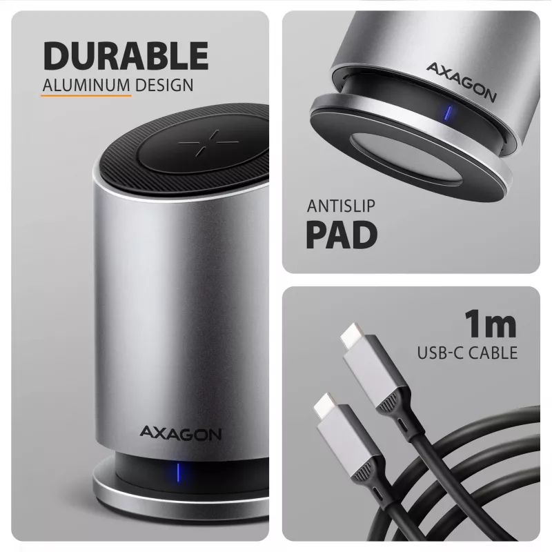 AXAGON HMC-WL9 USB-C 9‑w‑1 stacja dokująca z 10 Gb/s, 100 W PD, 8K HDMI, Ethernet, ładowaniem bezprzewodowym