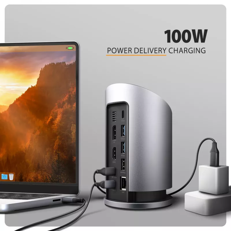 AXAGON HMC-WL9 USB-C 9‑w‑1 stacja dokująca z 10 Gb/s, 100 W PD, 8K HDMI, Ethernet, ładowaniem bezprzewodowym