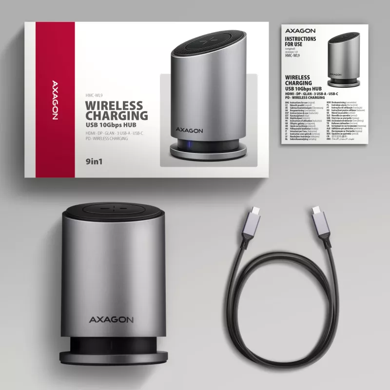 AXAGON HMC-WL9 USB-C 9‑w‑1 stacja dokująca z 10 Gb/s, 100 W PD, 8K HDMI, Ethernet, ładowaniem bezprzewodowym