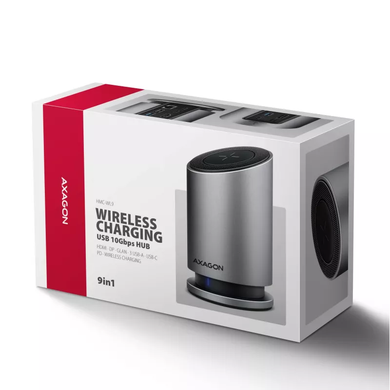 AXAGON HMC-WL9 USB-C 9‑w‑1 stacja dokująca z 10 Gb/s, 100 W PD, 8K HDMI, Ethernet, ładowaniem bezprzewodowym