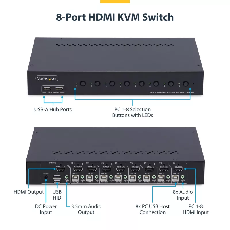 Przełącznik KVM HDMI 8-portowy StarTech.com z zestawem do montażu w szafie rack 1U, 4K 60Hz HDMI 2.0, przełączanie przyciskami i skrótami klawiszowymi, hub USB 4-portowy, niezależny od systemu operacyjnego, zgodny z TAA