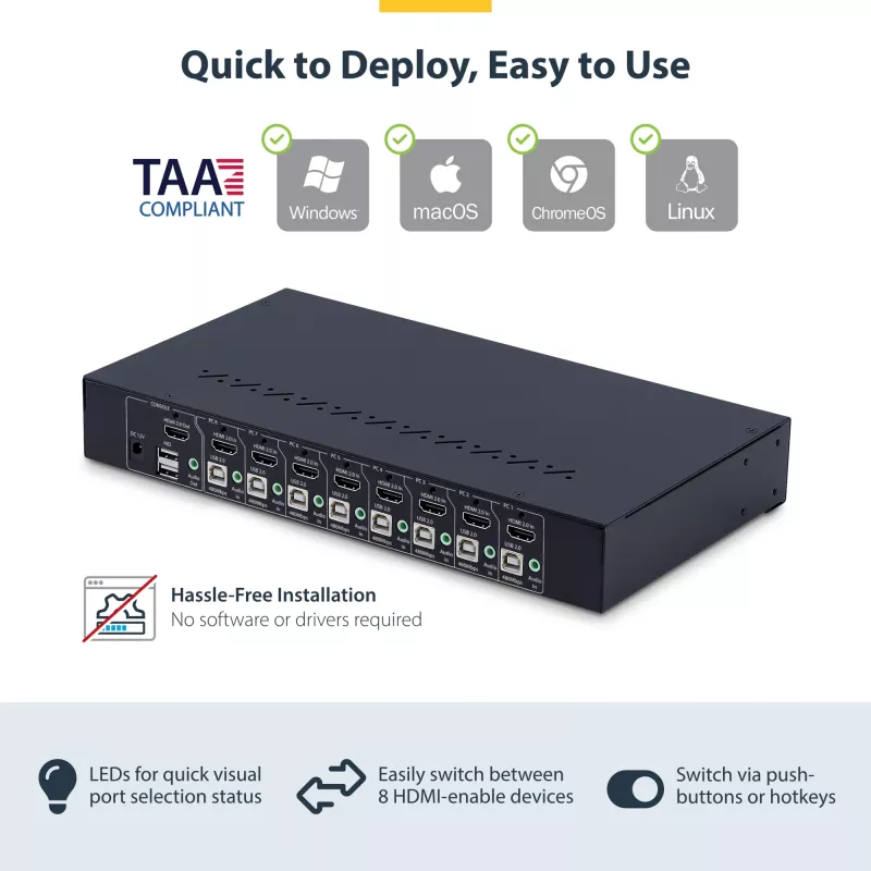 Przełącznik KVM HDMI 8-portowy StarTech.com z zestawem do montażu w szafie rack 1U, 4K 60Hz HDMI 2.0, przełączanie przyciskami i skrótami klawiszowymi, hub USB 4-portowy, niezależny od systemu operacyjnego, zgodny z TAA
