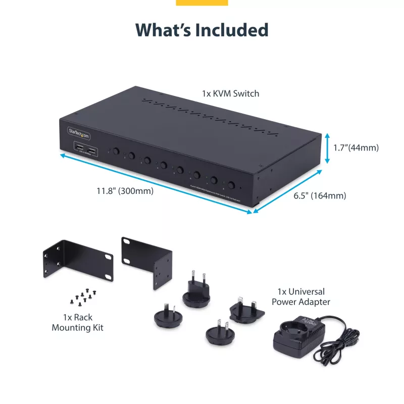 Przełącznik KVM HDMI 8-portowy StarTech.com z zestawem do montażu w szafie rack 1U, 4K 60Hz HDMI 2.0, przełączanie przyciskami i skrótami klawiszowymi, hub USB 4-portowy, niezależny od systemu operacyjnego, zgodny z TAA