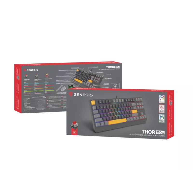 Klawiatura GENESIS Thor 230 TKL Gaming USB + RF Wireless + Bluetooth QWERTY Czarny, Szary, Pomarańczowy