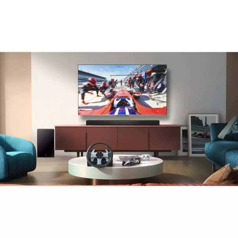 Soundbar TCL Q75H 620 W, 5.1.2-kanałowy, z bezprzewodowym aktywnym subwooferem, HDMI 2.1, Bluetooth 5.3, Wi‑Fi 5, 1040×110×58 mm