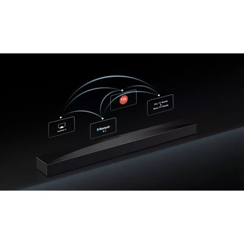 Soundbar TCL Q75H 620 W, 5.1.2-kanałowy, z bezprzewodowym aktywnym subwooferem, HDMI 2.1, Bluetooth 5.3, Wi‑Fi 5, 1040×110×58 mm
