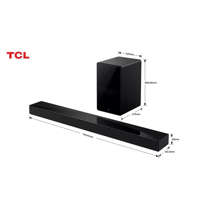 Soundbar TCL Q75H 620 W, 5.1.2-kanałowy, z bezprzewodowym aktywnym subwooferem, HDMI 2.1, Bluetooth 5.3, Wi‑Fi 5, 1040×110×58 mm