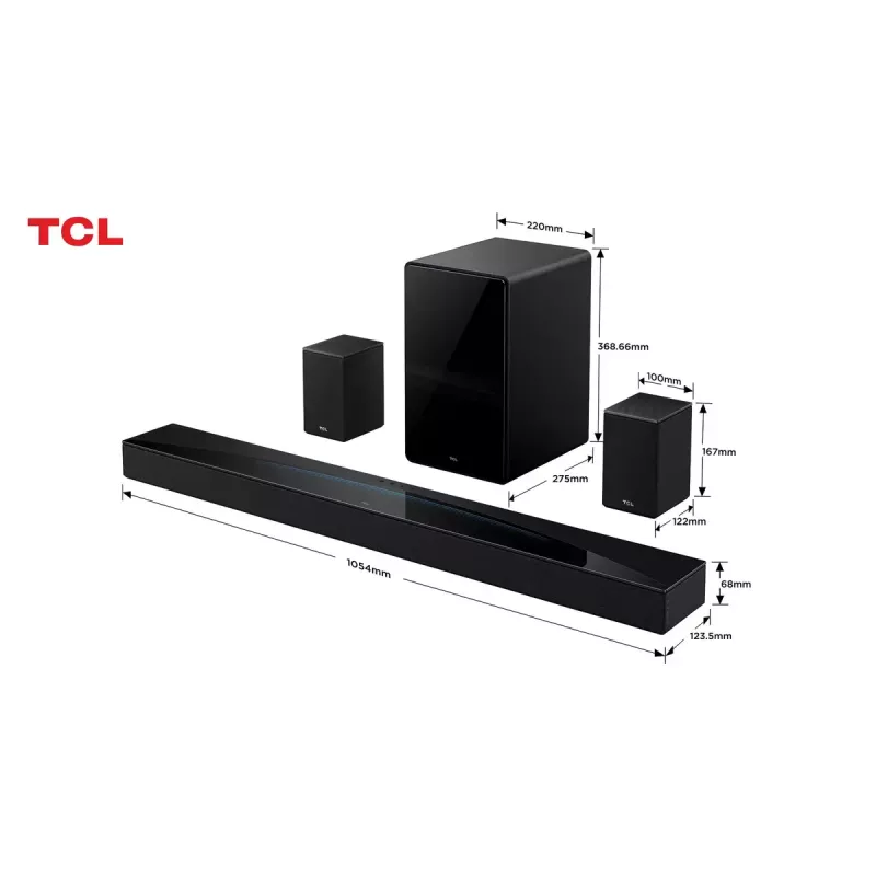TCL Q Q85H Klasa Q 7.1.4-kanałowy soundbar z Dolby Atmos, bezprzewodowym subwooferem i bezprzewodowymi głośnikami surround