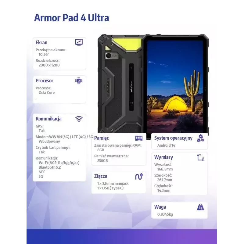 Tablet UleFone Armor Pad 4 Ultra 10.36 cala MediaTek 8 GB 256 GB Android