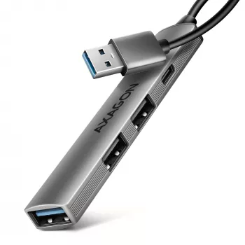 USB hub AXAGON HUE-STA — 4-port aluminium strip, 1× USB-A 5Gbps + 2× USB-A & 1× USB-C 480Mbps, USB-A host, szary