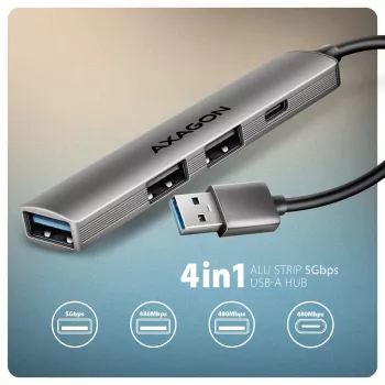 USB hub AXAGON HUE-STA — 4-port aluminium strip, 1× USB-A 5Gbps + 2× USB-A & 1× USB-C 480Mbps, USB-A host, szary