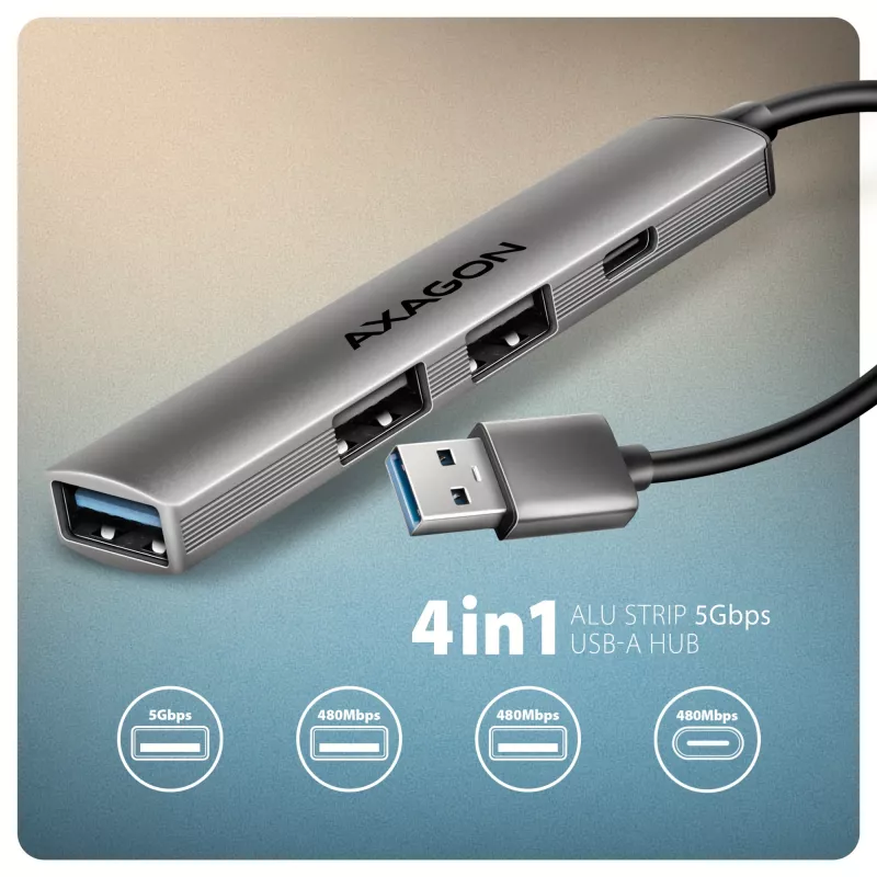 USB hub AXAGON HUE-STA — 4-port aluminium strip, 1× USB-A 5Gbps + 2× USB-A & 1× USB-C 480Mbps, USB-A host, szary