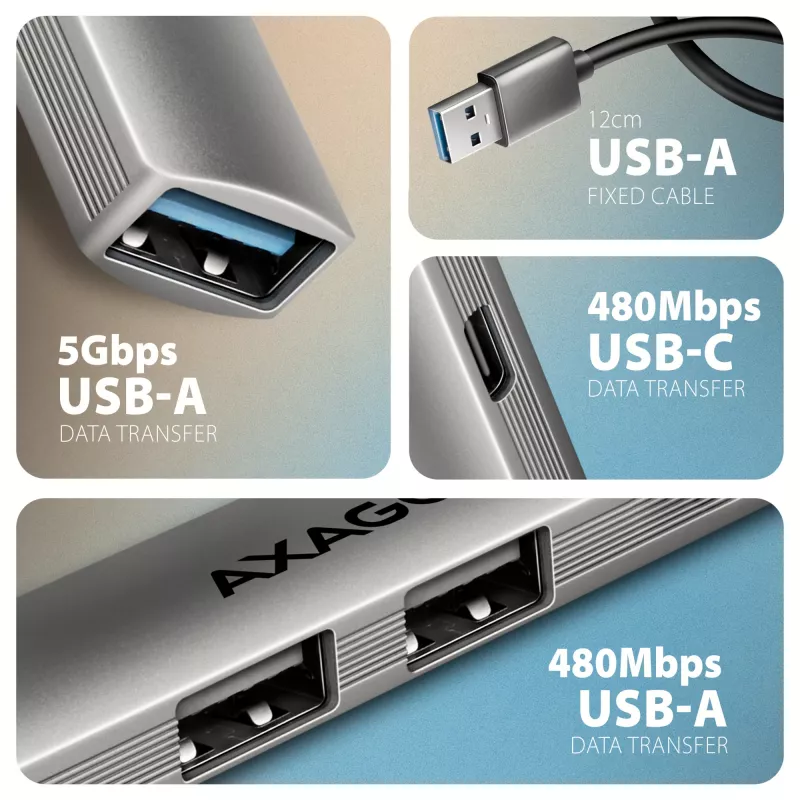 USB hub AXAGON HUE-STA — 4-port aluminium strip, 1× USB-A 5Gbps + 2× USB-A & 1× USB-C 480Mbps, USB-A host, szary