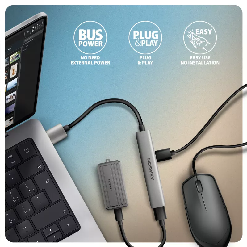USB hub AXAGON HUE-STA — 4-port aluminium strip, 1× USB-A 5Gbps + 2× USB-A & 1× USB-C 480Mbps, USB-A host, szary