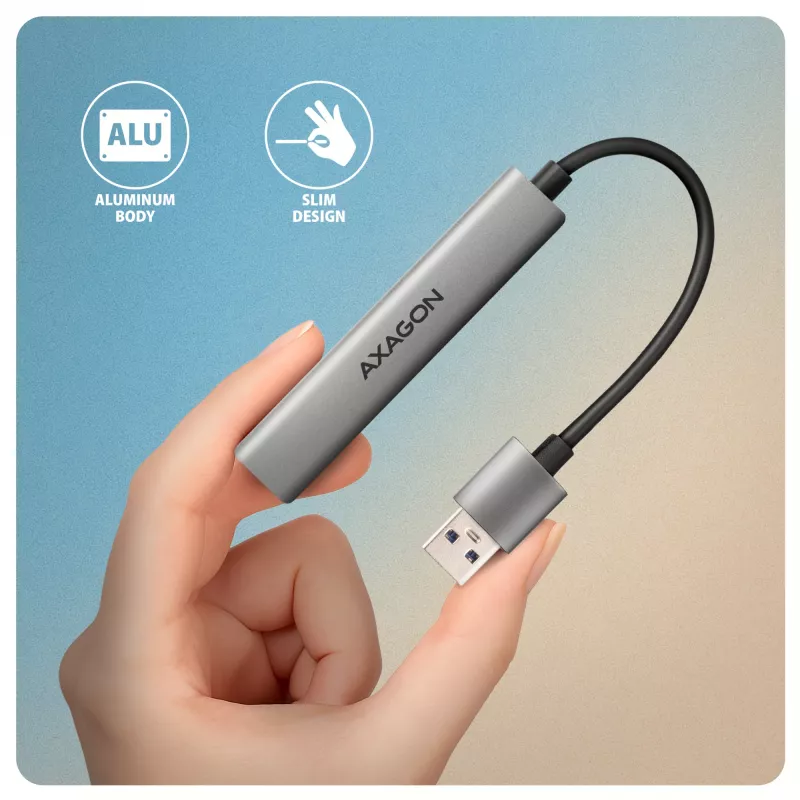 USB hub AXAGON HUE-STA — 4-port aluminium strip, 1× USB-A 5Gbps + 2× USB-A & 1× USB-C 480Mbps, USB-A host, szary