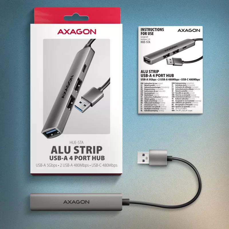 USB hub AXAGON HUE-STA — 4-port aluminium strip, 1× USB-A 5Gbps + 2× USB-A & 1× USB-C 480Mbps, USB-A host, szary
