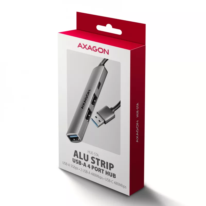 USB hub AXAGON HUE-STA — 4-port aluminium strip, 1× USB-A 5Gbps + 2× USB-A & 1× USB-C 480Mbps, USB-A host, szary