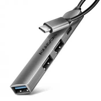 Koncentrator USB AXAGON HUE-STC, 4-portowa listwa aluminiowa, 1x USB-A 5 Gb/s + 2x USB-A i 1x USB-C 480 Mb/s, host USB-C, kabel 12 cm, szary