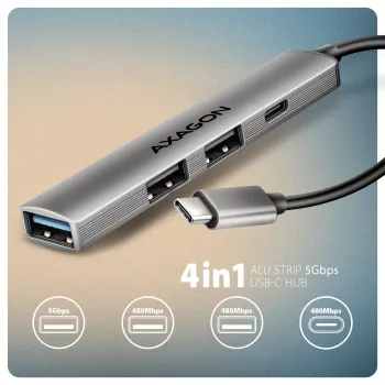 Koncentrator USB AXAGON HUE-STC, 4-portowa listwa aluminiowa, 1x USB-A 5 Gb/s + 2x USB-A i 1x USB-C 480 Mb/s, host USB-C, kabel 12 cm, szary