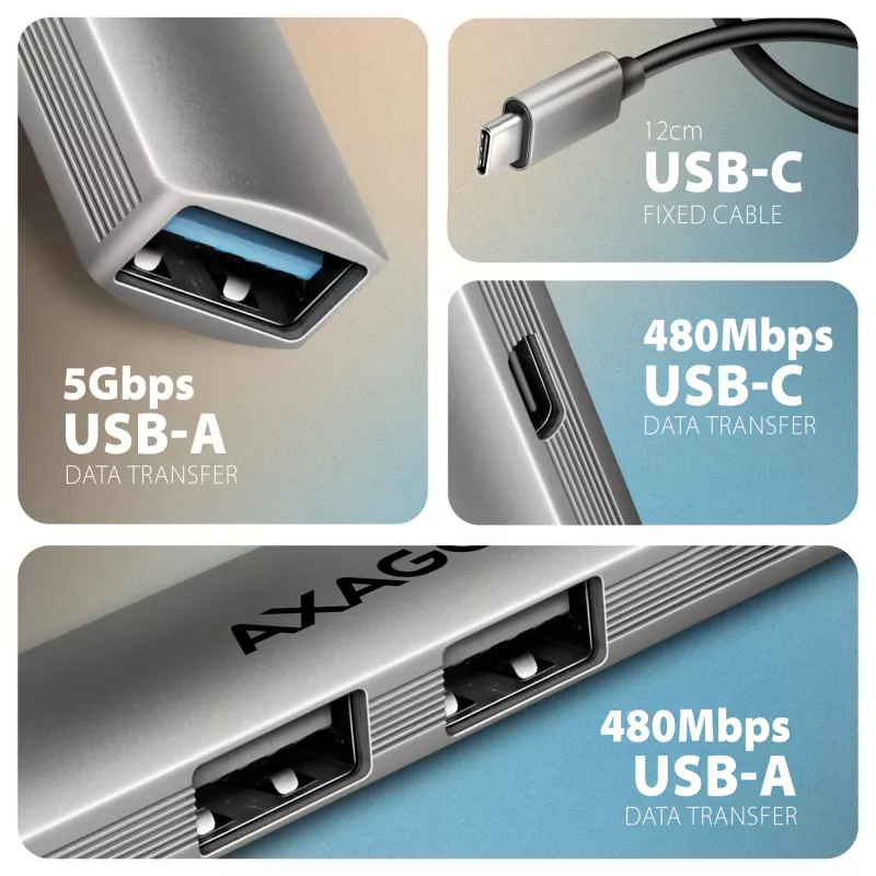 Koncentrator USB AXAGON HUE-STC, 4-portowa listwa aluminiowa, 1x USB-A 5 Gb/s + 2x USB-A i 1x USB-C 480 Mb/s, host USB-C, kabel 12 cm, szary