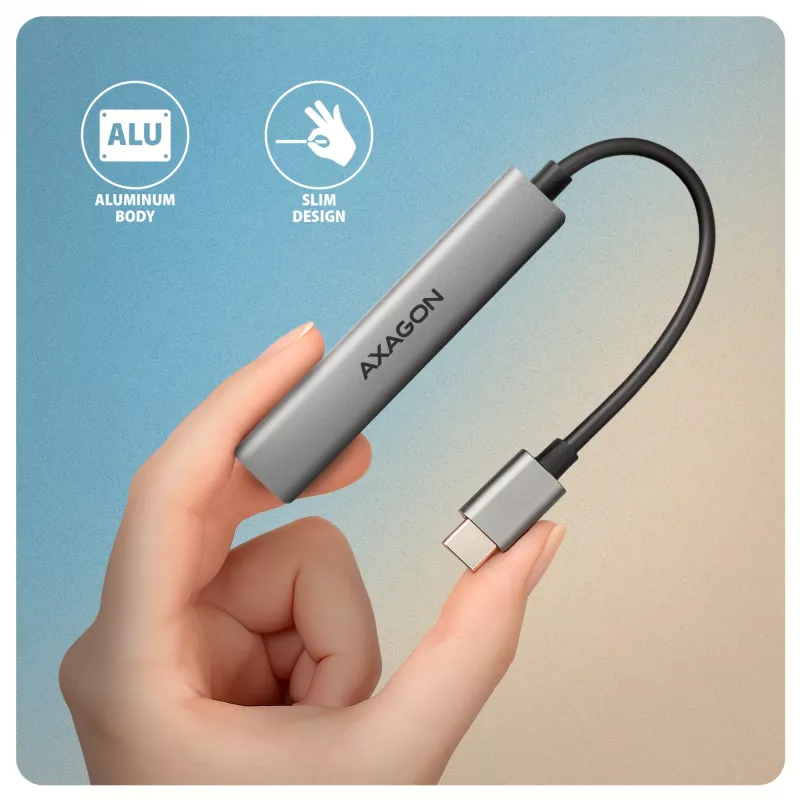 Koncentrator USB AXAGON HUE-STC, 4-portowa listwa aluminiowa, 1x USB-A 5 Gb/s + 2x USB-A i 1x USB-C 480 Mb/s, host USB-C, kabel 12 cm, szary