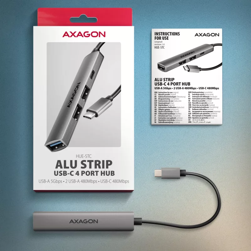 Koncentrator USB AXAGON HUE-STC, 4-portowa listwa aluminiowa, 1x USB-A 5 Gb/s + 2x USB-A i 1x USB-C 480 Mb/s, host USB-C, kabel 12 cm, szary