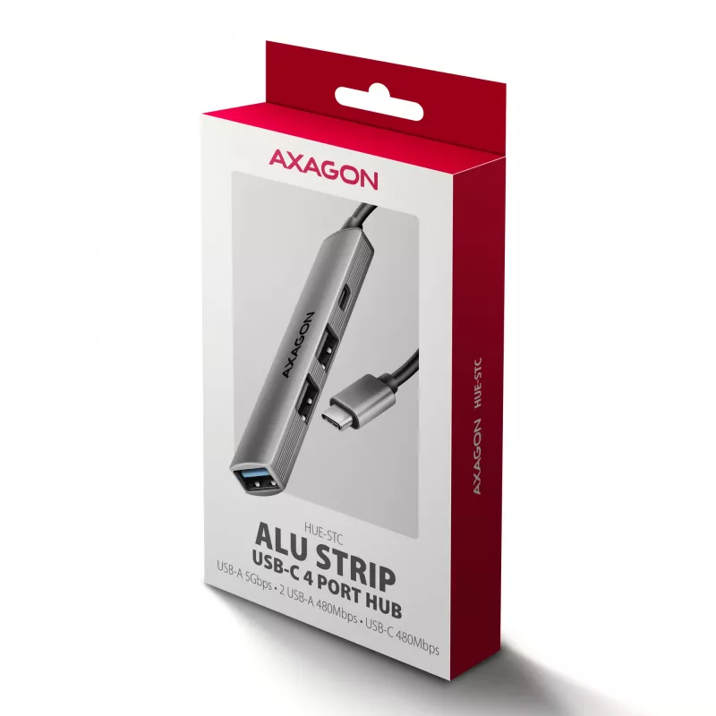 Koncentrator USB AXAGON HUE-STC, 4-portowa listwa aluminiowa, 1x USB-A 5 Gb/s + 2x USB-A i 1x USB-C 480 Mb/s, host USB-C, kabel 12 cm, szary