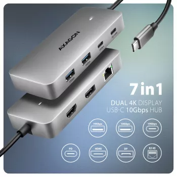 Axagon HMC-CUB83X2 USB 10Gbps hub, 2x USB-A, USB-C, HDMI i DP 4k/144Hz, RJ-45, PD 100W