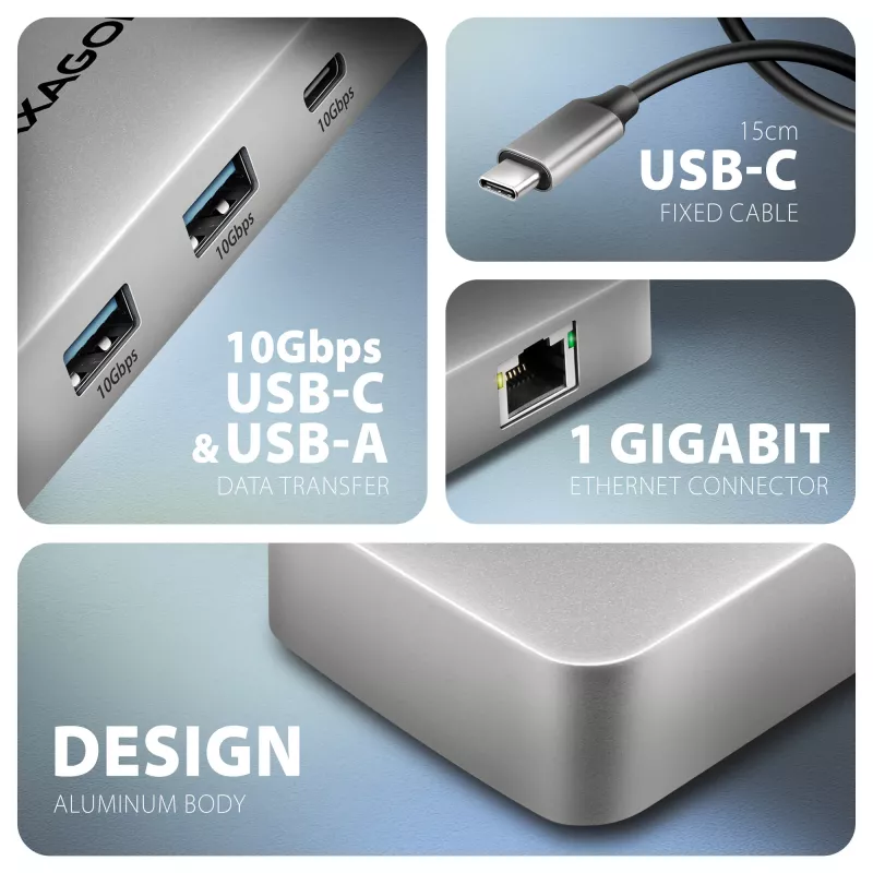 Axagon HMC-CUB83X2 USB 10Gbps hub, 2x USB-A, USB-C, HDMI i DP 4k/144Hz, RJ-45, PD 100W