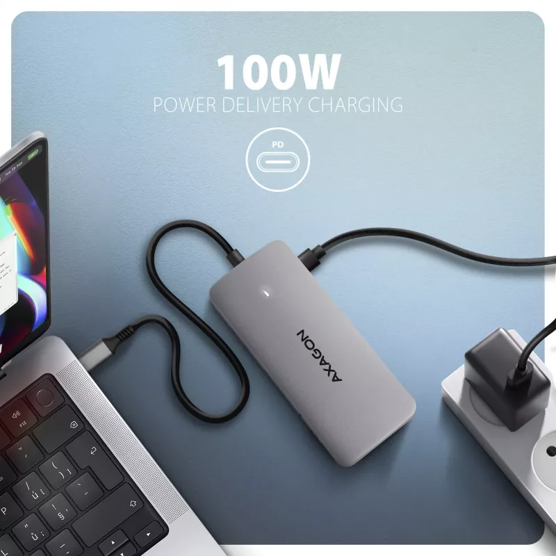 Axagon HMC-CUB83X2 USB 10Gbps hub, 2x USB-A, USB-C, HDMI i DP 4k/144Hz, RJ-45, PD 100W